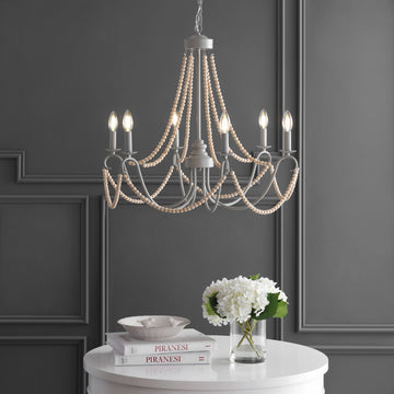 Rustica 27" Adjustable Greige Metal/Wood Bead LED Chandelier - JONATHAN Y